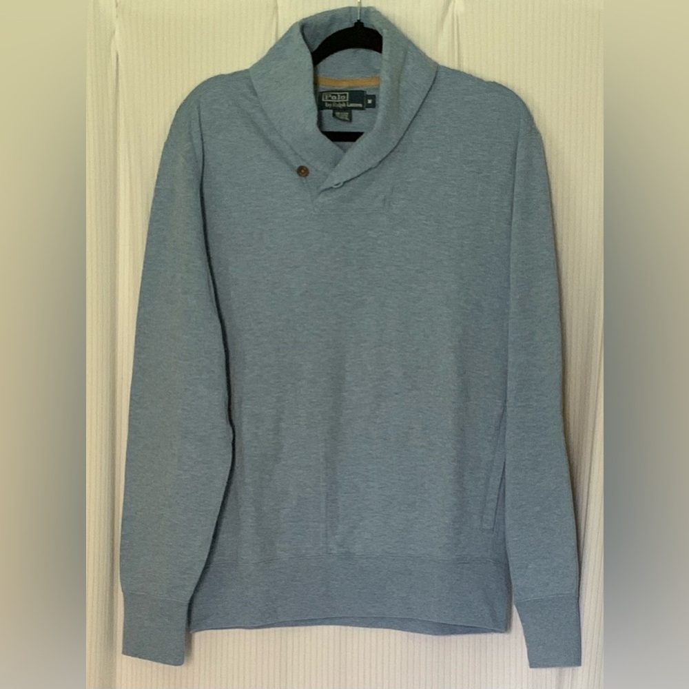 Polo Ralph Lauren Mens Top Shawl Collar Long Sleeve w Elbow Patch Light Blue